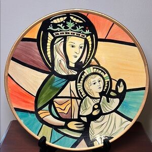 Vintage Madonna & Child Stained Glass Style Handpainted Decorative Plate & Stand